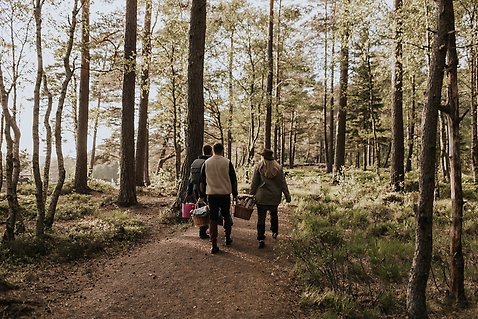 Några personer vandrar med matkorgar genom skogen.